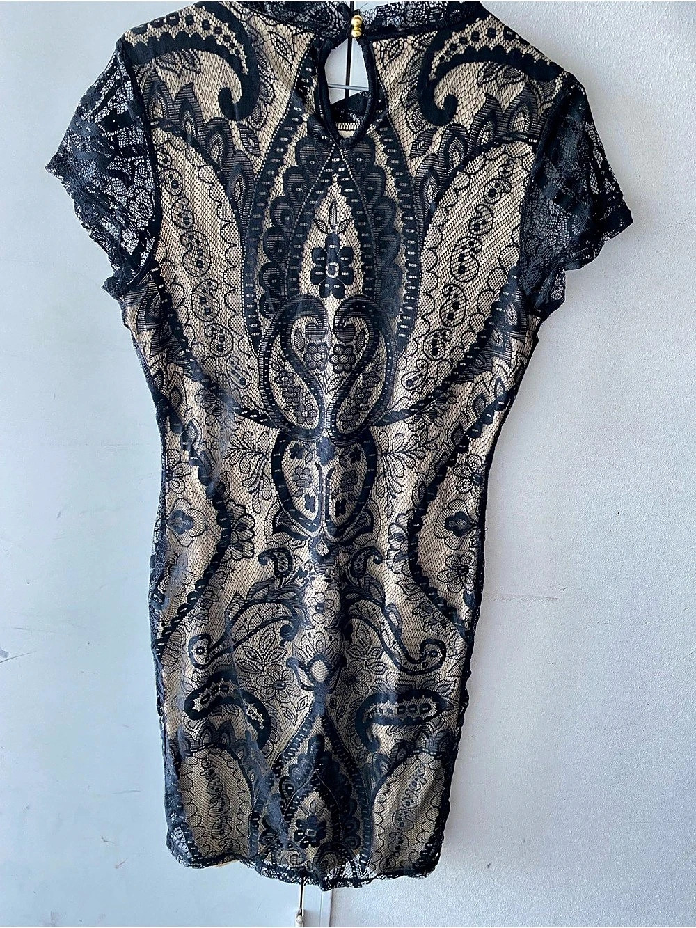 Liberty Love Paisley Lace Mini Dress in Black & Beige Size Large